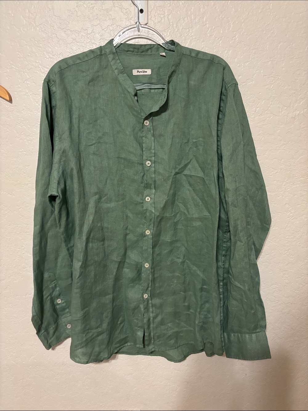 🎼Green Linen Band-Collar Button-Up Blouse size XL GUC long sleeve